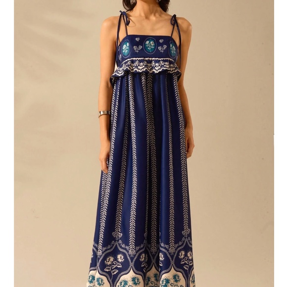 Boho Navy Blue floral Print Cut out Ruffle Maxi Dress - Picture 5 of 9